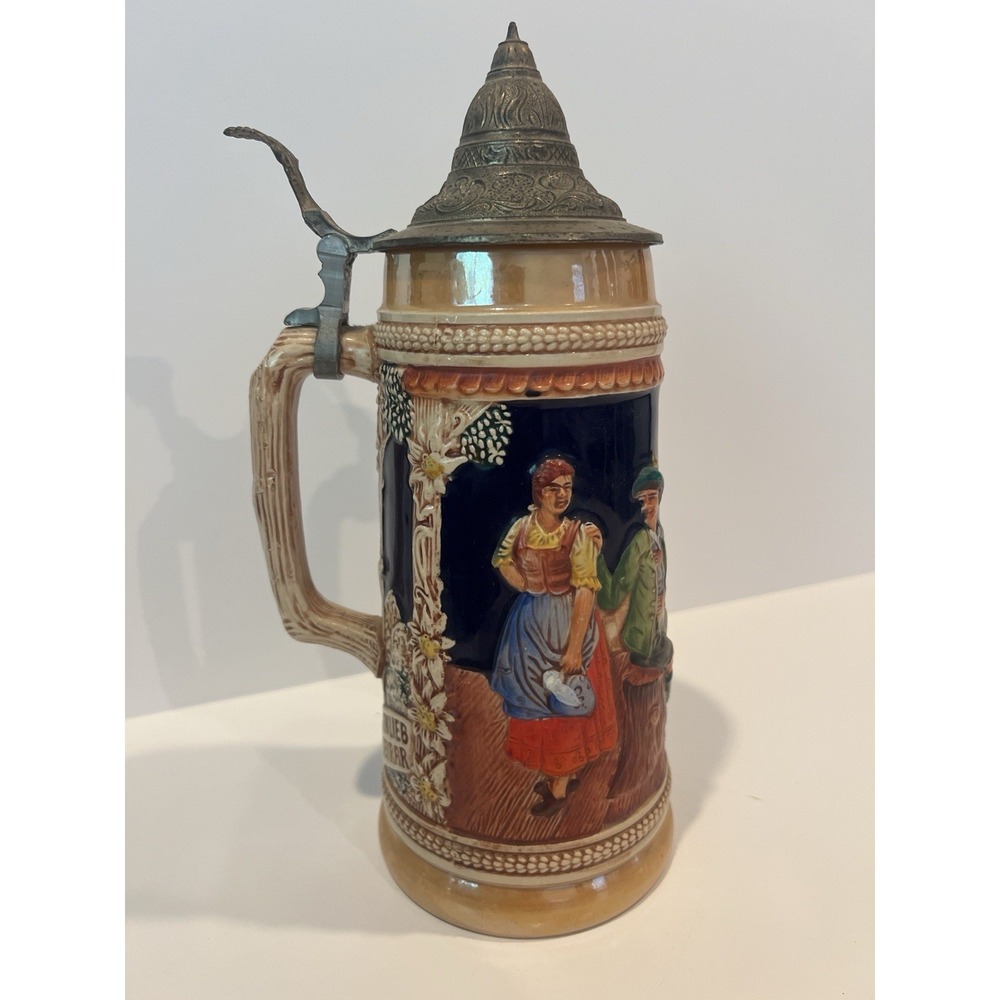 German Lidded Stein Relief Figures Ornate Lid Breweriana